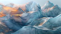 Ethereal mountain landscape with glowing orange sunset light illuminating snowy peaks against cool blue glacial formations, creating dramatic natural contrast.