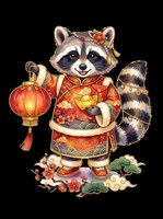 Cute raccoon in traditional Chinese New Year outfit holding a red lantern and gold ingot, isolated on transparent background, for stickers, t-shirts, print on demand.
