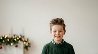 Young boy with light brown hair and fair complexion, wearing a green cable-knit sweater, smiling at camera against white wall with festive garland and warm lights.