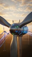Futuristic wind turbine with glowing blue energy core against dramatic sunset sky showcasing renewable energy technology and sustainable power generation.