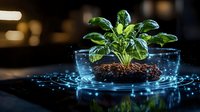 Green plant growing in glass pot with glowing blue digital hologram rings, futuristic biotechnology concept on dark background with light effects.