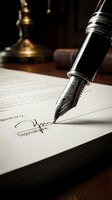Fountain pen signing document with elegant cursive signature on white paper, professional legal agreement or contract signing ceremony with brass desk accessories and leather details.