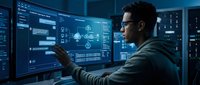 Man in dark hoodie working at multiple computer monitors displaying blue digital interface screens and data analytics dashboards in modern tech control room environment.