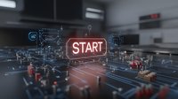 Glowing start button on futuristic circuit board background with digital network connections and neon elements in dark technological environment.