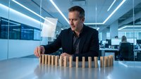 Middle-aged Caucasian businessman in dark suit arranging wooden blocks in modern office with LED lighting. Strategic planning and leadership concept.