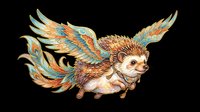 Cute hedgehog with golden and turquoise feathered wings, isolated on transparent background. Ready for t-shirt design, clipart, stickers, sublimation and print-on-demand products.