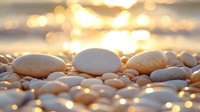 Smooth pebbles on beach at golden sunset with sparkling bokeh water reflections creating peaceful zen atmosphere for wellness and meditation background.