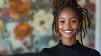 Young African American woman with dreadlocks and bright smile wearing black sweater against blurred floral background, radiating confidence and joy in natural portrait.