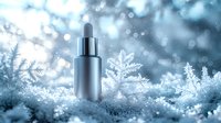 Cosmetic serum bottle on frosty winter background with snowflakes and bokeh lights, skincare product photography for beauty and wellness advertising.