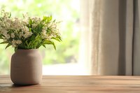Fresh white wildflowers in ceramic vase on wooden table near window with soft natural daylight and blurred green background, creating cozy home atmosphere.