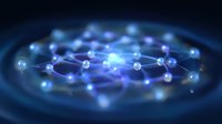 Glowing molecular structure with connected nodes floating in dark space, illuminated by blue light creating futuristic scientific visualization.