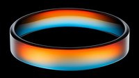 Glowing circular ring with gradient orange and blue neon colors on black background, isolated design element for modern technology and science concepts.