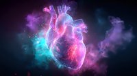 Glowing anatomical heart surrounded by colorful pink and blue smoke effect on dark background, medical concept visualization for cardiovascular health.