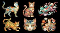 Six ornate cats in traditional Asian folk art style, isolated on transparent background. Colorful floral patterns, perfect for t-shirt design, stickers, clipart, and print on demand.