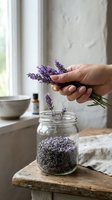 Hand placing fresh lavender sprigs into glass jar filled with dried lavender buds on wooden surface near window, aromatherapy and herbal wellness preparation.