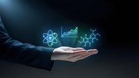 Businessman hand holding glowing neon icons of atom, growth chart, and molecular structure against dark background, representing science, technology, innovation, and research development.
