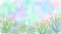 Pastel watercolor background with succulents and aloe plants, soft green, pink, and purple tones with gold accents for cards and decor.