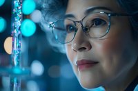 Asian female scientist wearing glasses examines laboratory equipment in blue-tinted environment with bokeh lights, showing confidence and expertise in research setting.