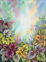 Watercolor garden scene with blooming flowers in purple, yellow, and pink tones arranged around a luminous center, featuring detailed foliage and soft color gradients ideal for botanical art, home decor, and nature-themed designs.