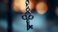 Vintage ornate key pendant hanging on chain with warm bokeh lights background creating dreamy atmosphere for jewelry photography and luxury accessories.