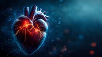 Anatomical heart glowing with red and blue light effects against dark background with bokeh particles, medical science visualization concept.