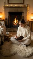 Young woman reading book by fireplace in cozy living room with warm lighting and cable knit sweater for relaxation and leisure lifestyle concepts.