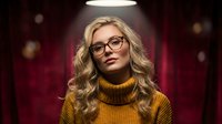 Young blonde Caucasian woman with glasses wearing yellow turtleneck sweater against blurred bokeh lights background for fashion and lifestyle content.