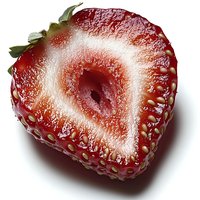 Fresh cut strawberry half showing detailed cross-section with seeds and white flesh against dark background, macro photography highlighting natural texture.