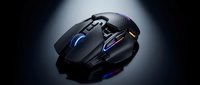 Black gaming mouse with RGB LED lighting and ergonomic design for professional esports and computer gaming setup on dark background.