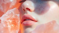 Close up view of plump pink lips and nose with soft natural lighting and rose quartz crystal creating dreamy ethereal atmosphere for beauty and wellness concepts.