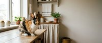 A brown and white corgi sits on a wooden table near a bright window in a cozy kitchen, surrounded by potted plants and home decor items.