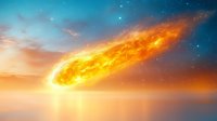 Dramatic meteorite falling from space with bright fiery tail reflecting on calm water surface against sunset sky with stars and clouds.