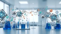 Modern laboratory with floating molecular structures and geometric shapes representing scientific research and innovation in biotechnology.