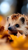 Cute hedgehog with spiky quills surrounded by golden autumn leaves, featuring blue eyes and soft fur. Perfect for wildlife, nature, and seasonal design projects.