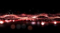 Glowing red light waves with sparkles and bokeh effects on black background, abstract energy flow pattern for modern technology and science designs.