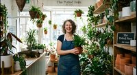 Happy young Caucasian woman florist holding potted plant in bright greenhouse nursery filled with hanging and shelved green houseplants for indoor gardening.