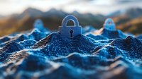 Digital padlock on abstract blue cyber landscape with mountains, representing network security and data protection in modern technology environment.
