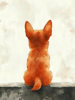 Red fox sitting with back turned, watching into distance. Artistic watercolor style illustration on textured background shows lonely animal silhouette in warm orange tones.