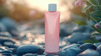 Pink cosmetic bottle on wet stones against blurred nature background with bokeh lights and water drops, wellness and spa concept for beauty products.