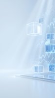 Abstract digital background with floating cube wireframe and financial charts, representing data analysis, blockchain technology, and business growth for corporate presentations.