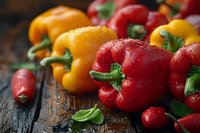 Fresh red and yellow bell peppers with water drops on rustic wooden background. Vibrant organic vegetables with stems in natural lighting.