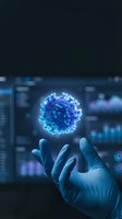 Gloved hand holding glowing blue coronavirus particle in laboratory setting for medical research and virus study concepts.