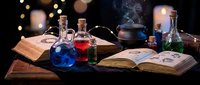Magical alchemy laboratory with colorful potions in glass bottles, open spellbooks, and mystical atmosphere for fantasy storytelling and gaming.