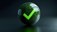 Green checkmark symbol in transparent glass sphere with moss-like texture inside, on dark background with reflection, representing eco-friendly approval or environmental certification.