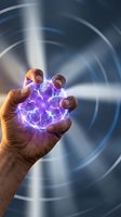 Hand holding glowing purple electric energy ball with lightning effects against blurred blue circular light background, representing power, technology, and innovation for design projects.