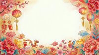 Lunar new year festive frame with red peonies, golden lanterns, dragons, and traditional ornaments on cream background. Perfect for holiday cards and celebrations.