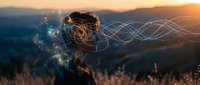 Young woman with flowing hair surrounded by glowing light trails and sparkles against mountain sunset backdrop. Digital art concept for creativity and inspiration.