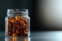 Glass jar filled with amber-colored ice cubes on dark background with dramatic lighting, creating luxurious mood for beverage and cocktail photography.