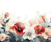 Watercolor poppies in coral and white tones with teal leaves create dreamy floral composition against light background, seamless border pattern for wall decor.