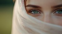 Close up of bright blue eyes and partial face covered with delicate white lace veil, creating mysterious and romantic atmosphere. Soft natural lighting enhances depth.